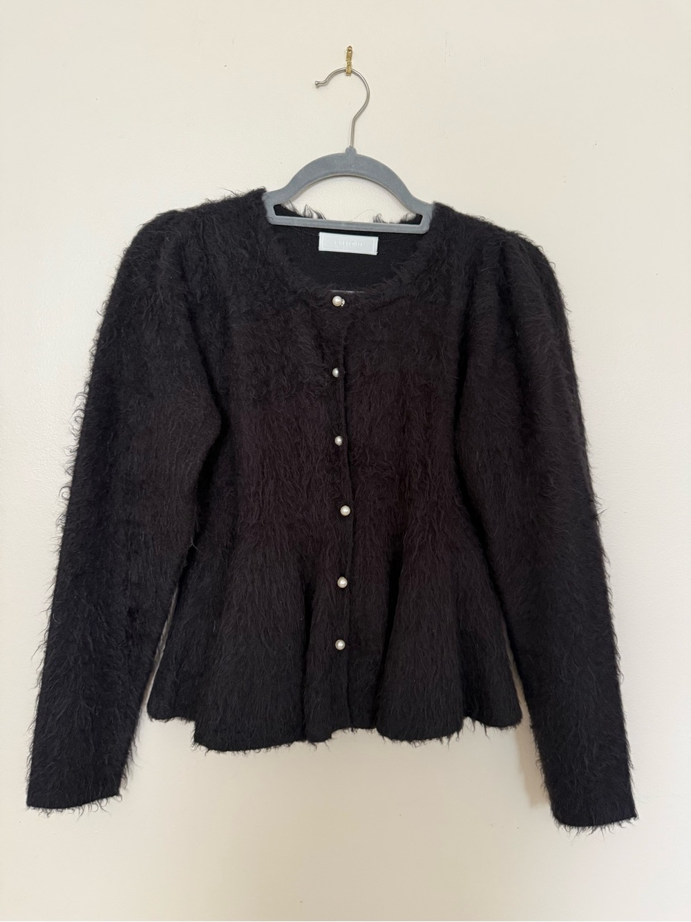 Celford Black Fuzzy Pearl-Button Peplum Sweater in Japan